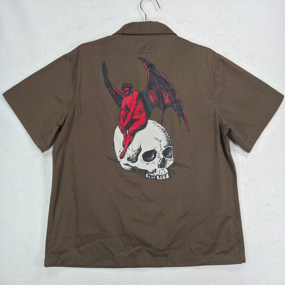 Welcome Skateboards Mens Brown Zip Up Work Shirt Skull Graphic Size M